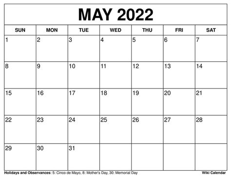 Wiki Calendar May 2022