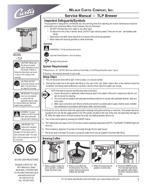 Wilbur Curtis TLP User Manual 8 pages