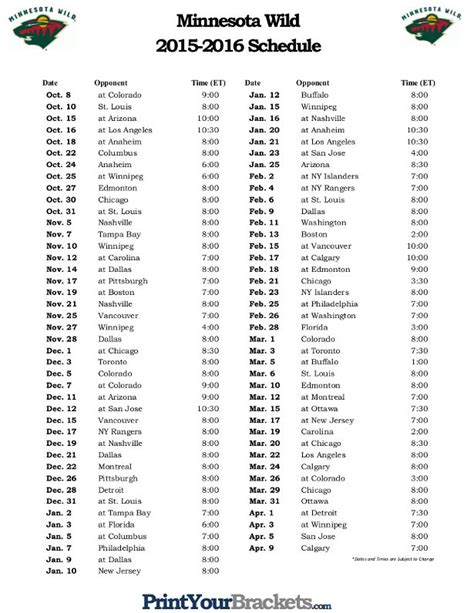 Wild Hockey Schedule Printable