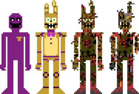 Spring Bonnie's sprite. Spring Bonnie, Fredbear, and Shadow Bonnie in the STAGE 01 minigame. Spring Bonnie in Five Nights at Freddy's 4. A poster for Fredbear's Family Diner, showing Spring Bonnie. Spring Bonnie's official model, as seen in Five Nights at Freddy's: The Ultimate Guide.. 