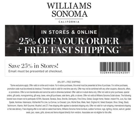 Williams Sonoma Employee Discount Reddit. Williams-Sonoma Presidents Day Sale. crate and barrel coupon code 15% off. Vitacost Promo Code 15% Off. Get Good Drums 15% Off coupon. Sonder 15% Off coupon. Blue Rhino $10 Coupon. Brooks Running Healthcare Discount. Shoe Station 20 Coupon.. 