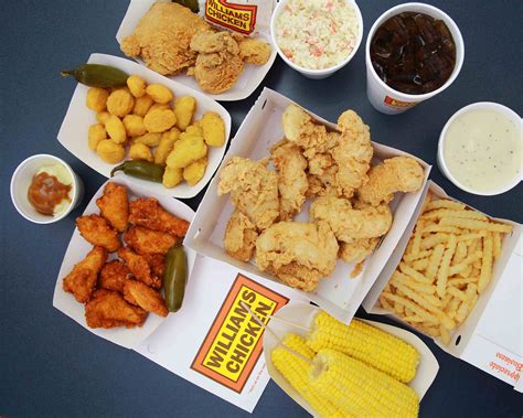 Williamschicken. Served with choice of side, 1 roll, and 1 medium drink. $10.99. 2 Piece Mix Dinner. Served with choice of side, 1 roll, and 1 medium drink. $12.99. 2 Piece White Chicken Dinner. … 
