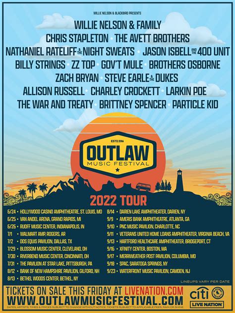 Willie Nelson, Mark Rothbaum, Keith Wortman, Blackbird Presents, and Live Nation are thrilled to announce the 2024 Outlaw Music Festival Tour featuring an unprecedented lineup including headliners Willie Nelson & Family, Bob Dylan and John Mellencamp with special guest Southern Avenue at Pine Knob Music Theatre on Sunday, September 15 at 5 p.m. Pine Knob Music Theatre is presented by Proud .... 