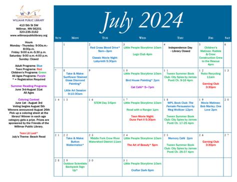Willmar Public Library Library Events Calendar