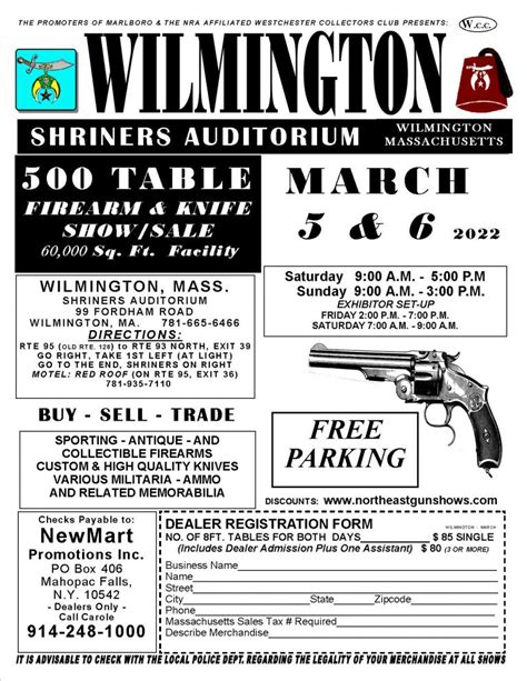 Dates & venues for WILMINGTON GUN SHOW 2023 - Arms and Ammunition Fair. WILMINGTON GUN SHOW features shooting rifles, handguns, shotguns, combat knives, samurai swords, cartridges, collectibles, antique coins, hunting & fishing accessories, outddor survival gears and self protection items. 