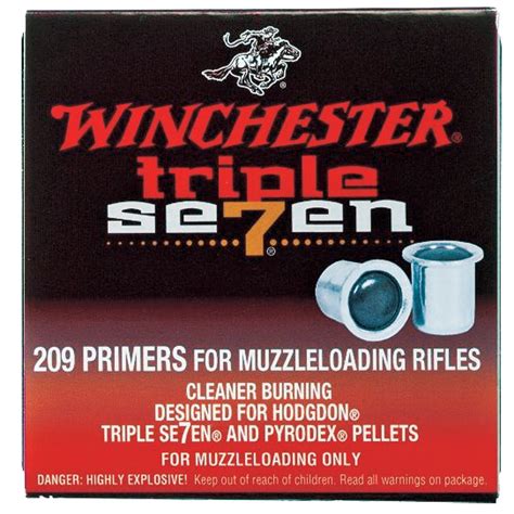 Get your Winchester Triple Se7en Muzzleloading #209 Primers - SML209T7 at Blain's Farm & Fleet. Purchase and pick-up in-store. Great prices on Gun Cleaning Kits. Search for products: suggestions appear below Suggestions Collapsed. Search. ... Winchester Triple Seven Primers are specifically designed for Muzzleloading and are milder than typical …. 