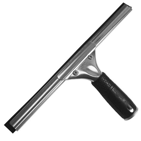 Window cleaning squeegee. Mid-range. Middle-of-the-road window squeegees cost roughly $15 to $20. In this price range, squeegees feature rubber blades measuring roughly 12 to 18 inches. Channels may be made of brass, stainless steel, or aluminum. Most are threaded to attach to an extension pole. 