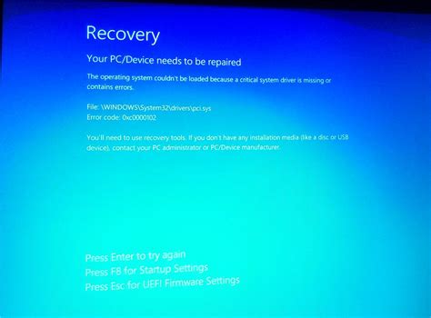 Windows 10 shows Recovery blue screen with an error code 0xc0000102