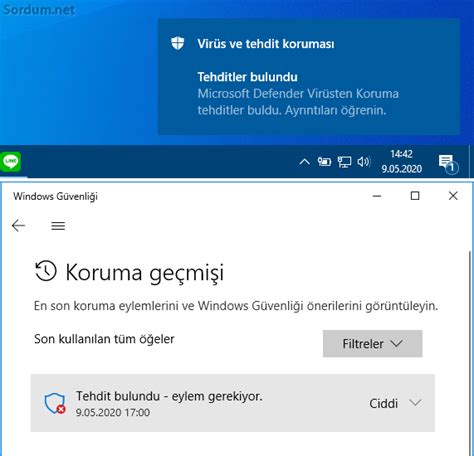Windows 10da Windows Defenderda koruma geçmişi.