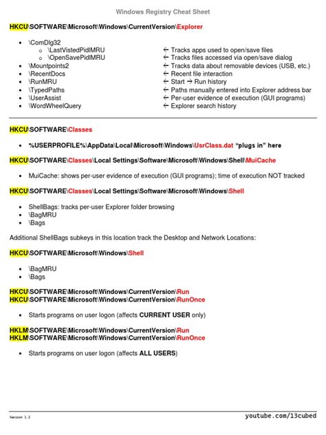 Windows registry cheat sheet.  Windows Registry Cheat Sheet by Matthew Per...