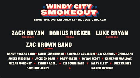 Windy city smokeout chicago. Jul 13, 2023 · United Center Parking Lot - Chicago, IL. Get Tickets. Set Reminder. Full Festival Lineup. Thursday, July 13. Windy City Smokeout. 1:00 PM. Zach Bryan. Top. Friday, July 14. Jo Dee Messina. 12:00 PM. ... Get Windy City Smokeout 2023 tickets. Check out all festival info, including lineup, dates, stages and ticket details. ... 