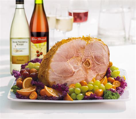 Wine pairing with ham. Pair it with a Riesling or Pinot Noir. Ingredients. 1 10-pound bone-in, fully-cooked smoked ham. 1 cup honey; 1 6-oz can orange juice concentrate, thawed; 2 Tbsp mustard; Preheat oven to 325 degrees. Place ham on rack in shallow roasting pan. Mix together remaining ingredients in medium bowl; set aside. 