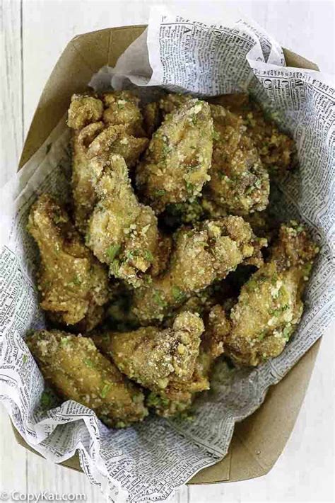 Wingstop garlic parmesan. Keyword: Keto, Lemon Pepper Wings, Wingstop, Wingstop Garlic Parmesan Wings. Prep Time: 10 minutes minutes. Cook Time: 20 minutes minutes. Total Time: 30 minutes minutes. Servings: 4. Calories: 508 kcal. Author: Stephanie Manley. Ingredients. 2 1/2 pounds chicken wings; vegetable oil for frying; 1/3 cup … 