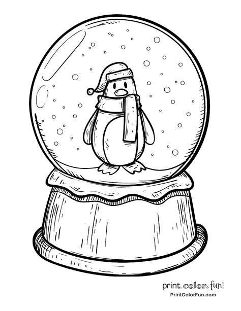 Winter snow globe with a penguin coloring page Print. Color. Fun!