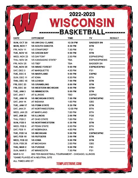 Wisconsin Badgers Basketball Printable Schedule