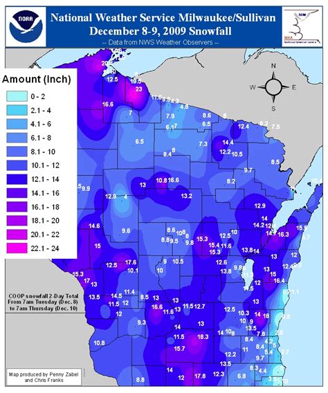 Wisconsin snow accumulation. The lake effect snow band took on more of a north-south orientation Monday night. This band brushed southeast Wisconsin late Monday night into Tuesday morning. Additional "waves" of snow in the lake effect band kept affecting the Wind Point area of Racine County. Snowfall totals ended up in the 15 to 23 inch range there! 