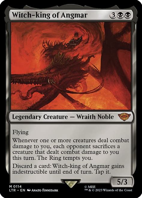 Witch king of angmar mtg. Legendary Creature — Wraith Noble. Flying. Whenever one or more creatures deal combat damage to you, each opponent sacrifices a creature that dealt combat … 