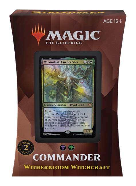 The Wilds of Eldraine Commander Decks are released together with Wilds of Eldraine. These are meant to be on-ramps to Commander, with a few new cards and the rest reprints. Wilds of Eldraine Commander cards with the WOC set code and numbered 1–28 (and their alternate versions numbered 29–56) are permitted in the Commander, …. 
