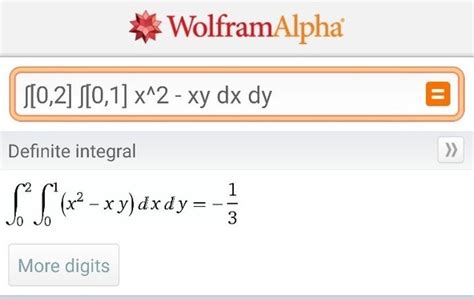 Wolfram alpha double integral. Get the free "Double Integral" widget for your website, blog, Wordpress, Blogger, or iGoogle. Find more Mathematics widgets in Wolfram|Alpha. 
