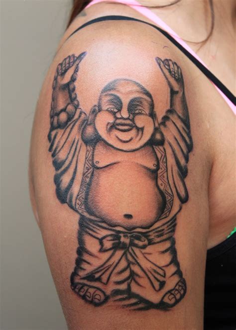 Women Bicep Decorated With Laughing Buddha Tattoo In Dancing Mood