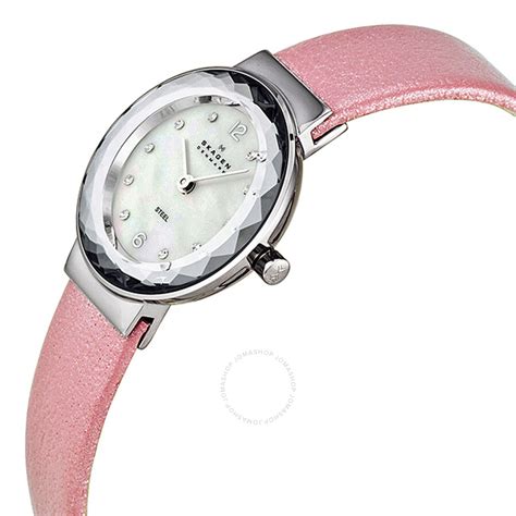 Womens Crystal Bezel Date Watch Skagen Denmark Pink Leather Straps …