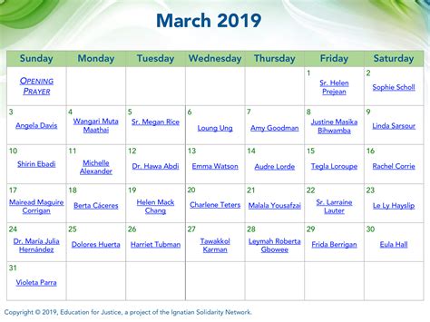 Womens History Month Calendar