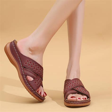 Womens Slide Sandals Open Toe Leather Flat Sandals Flowers …