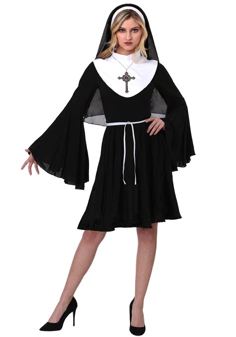 Have a holy Halloween in this Nun adult womens plus size costume. This classic womens character costume comes with authentic black habit, matching headpiece, and white gloves, perfect for praying or partying! Don't forget you rosary to really show your faith-based fashion. Includes: Dress; Habit; Gloves; Material: Polyester; Imported 