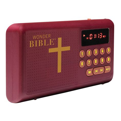  The Wonder Bible includes the full King James Bible with both the Old and New Testaments spoken in a calm male voice. Switch between Testaments with the press of a button! Use the buttons on the front to skip between chapters and books, pause, and resume whenever you want. The Wonder Bible comes with a USB charging cable and built-in earphone jack. .