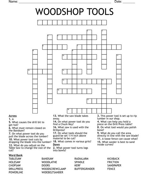 Woodworkers tool crossword. The Crossword Solver found 30 answers to "woodworking tool (5)", 5 letters crossword clue. The Crossword Solver finds answers to classic crosswords and cryptic crossword puzzles. Enter the length or pattern for better results. Click the answer to find similar crossword clues . A clue is required. 