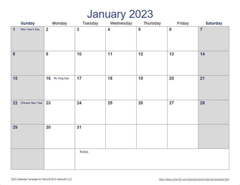 Word Calendar Template 2023