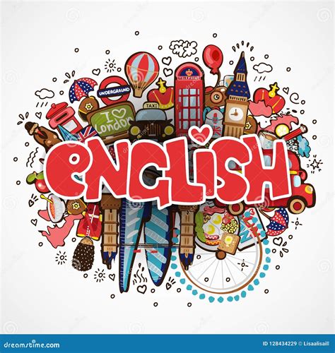 Word ENGLISH on White Background with England Elements and Objects