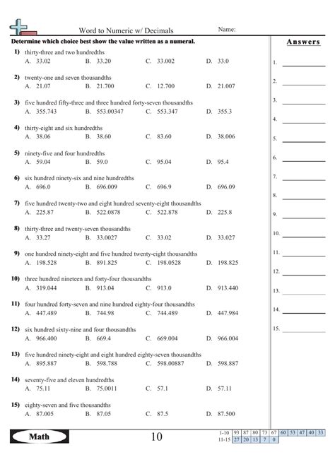 Word Form to Numeric Form With Decimals Worksheet With Answers Download