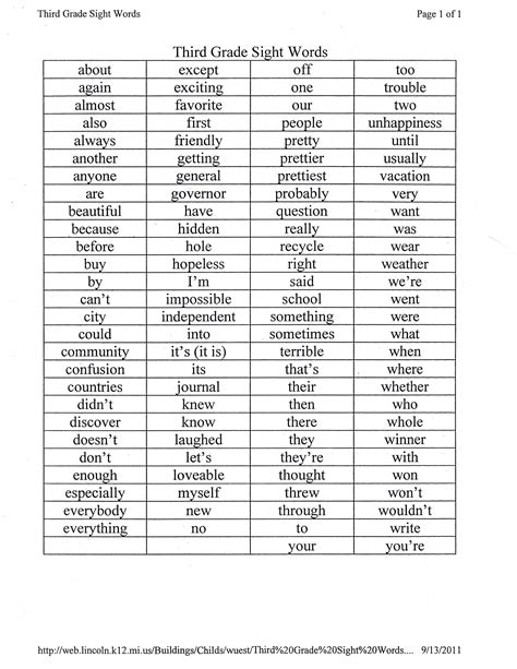 Word List For Grade 3