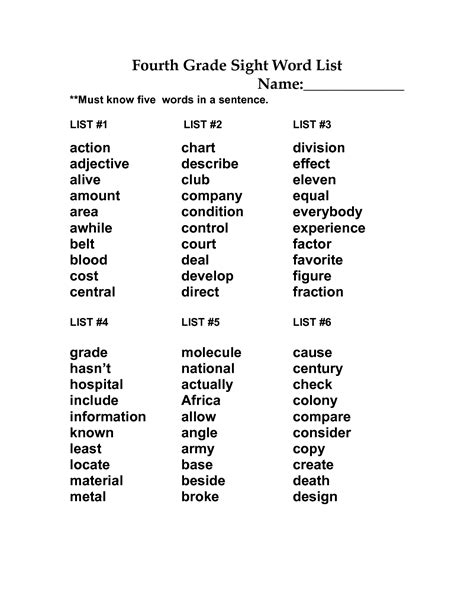 Word Lists For 4th Grade