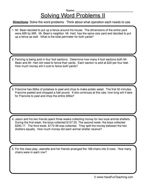 Word Problems Printable Worksheets