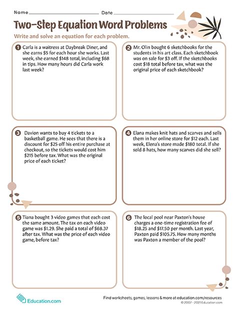 Word Problems Two Step Equations