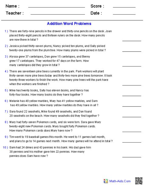 Word Problems Worksheets Dynamically Created Word Problems Addition