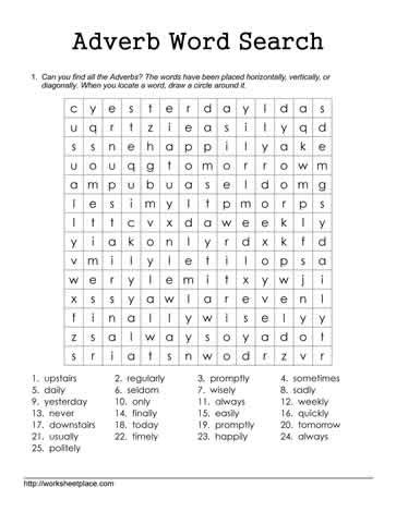 Word Search For Adverbs Worksheets