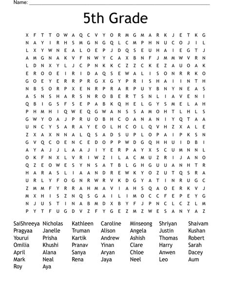 Word Search For Fifth Grade