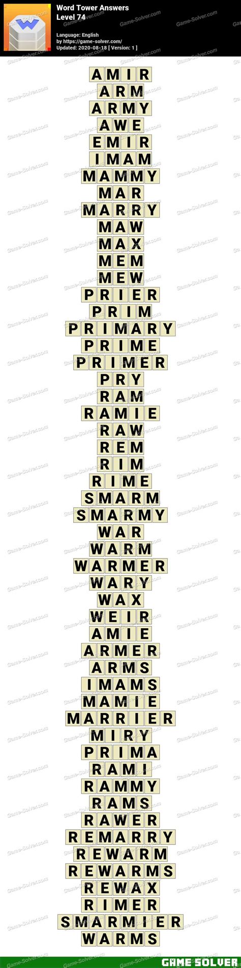 Word Tower Level 74 Answers Game Solver