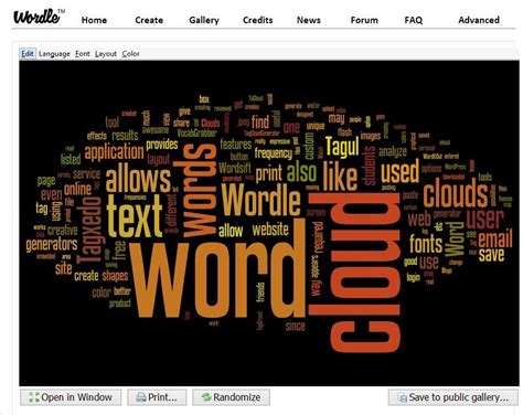 Word generator. Word clouds are typically used as a tool for processing, analyzing and disseminating qualitative sentiment data. Input any text into our word cloud generator and you’ll see a visual representation of the most frequently used words, according to their relative size. The larger words in a word cloud are more frequently repeated. 