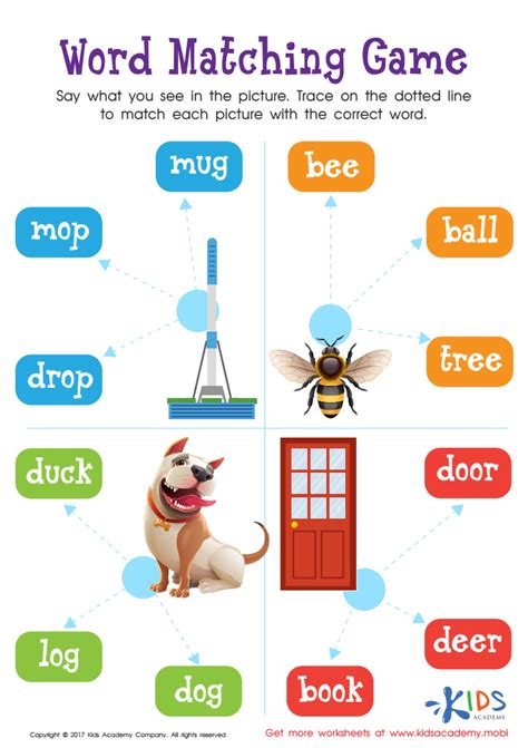 Word matching game. Use this simple word games for children activity to consolidate your children's visual recognition skill and understanding of basic words. This wonderful matching words game includes pictures to the corresponding words so that they can easily be matched together. Featuring a range of beautifully illustrated pictures including a dog, tap and a log, this … 