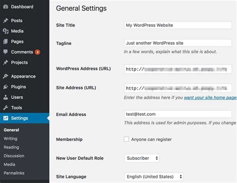 Wordpress settings page.  In a few words, explain what your site is about.  Comments Cl...