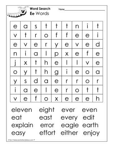 Words Beginning with E Wordsearch Worksheets