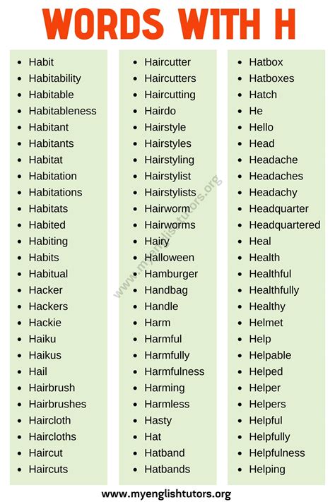 Words that Start with H List of 120+ Words that Start with H in