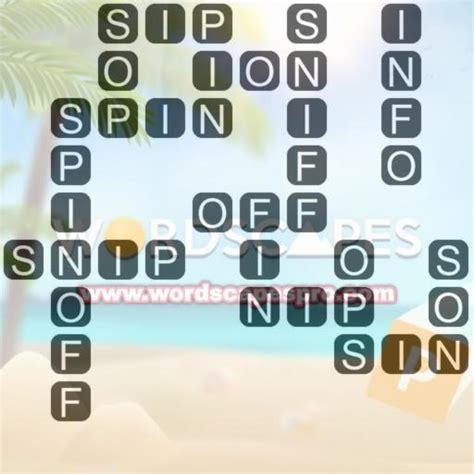 The words for level 2083 are: FIN, ION, OFF, PIN, SIN, SIP, SON, NIP, SOP, OPS, SPIN, INFO, SNIP, SNIFF, SPINOFF. MIST 3 Bonus Words for Level 2083 FINO FINS FOP FOPS IONS NIPS OFFS PINS Wordscapes level 2083 is in the Mist group, Twilight pack of levels. The letters you can use on this level are 'IPFONSF'.. 
