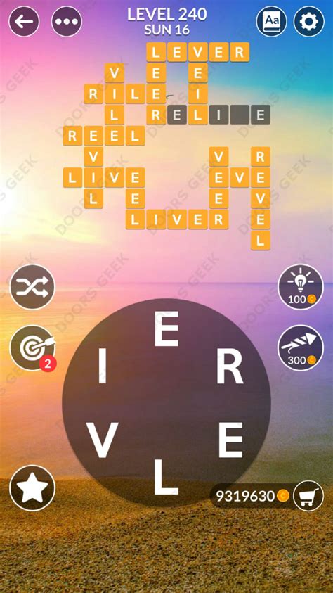 Wordscapes level 240. Wordscapes level 246 in the Shore Pack category and Tropic Group subcategory contains 14 words and the letters BEILMO making it a relatively hard level. This puzzle 29 extra words make it fun to play. File pdf for level 246. The words included in this word game are: ELM, LOB, MOB, OIL, BIO, MIL, LIMB, LIME, LOBE, MILE, LIMO, BILE, LIMBO, MOBILE. 