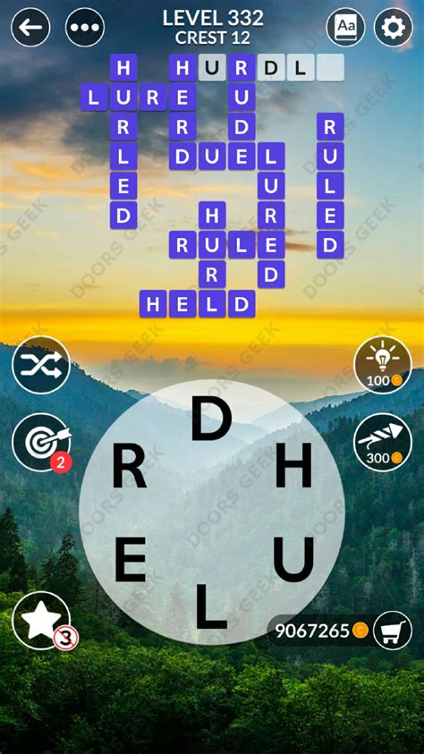 332. Wordscapes level 331 in the Crest Pack category and Mountain Group subcategory contains 7 words and the letters CEILNU making it a relatively easy level. This puzzle 25 extra words make it fun to play. File pdf for level 331. The words included in this word game are: CLUE, LINE, NICE, LICE, LIEN, UNCLE, NUCLEI. The extra or bonus words are:. 