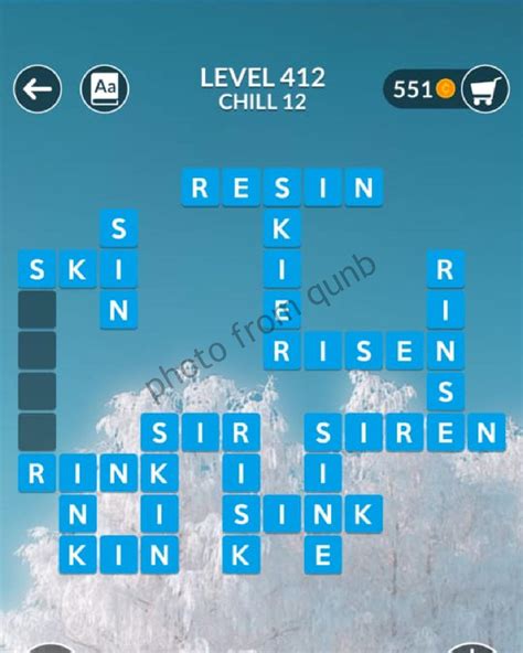 Wordscapes level 412. The Wordscapes level 412 is a part of the set Winter and comes in position 12 of Chill pack. Players who will solve it will recieve 58 brilliance additional points which … 